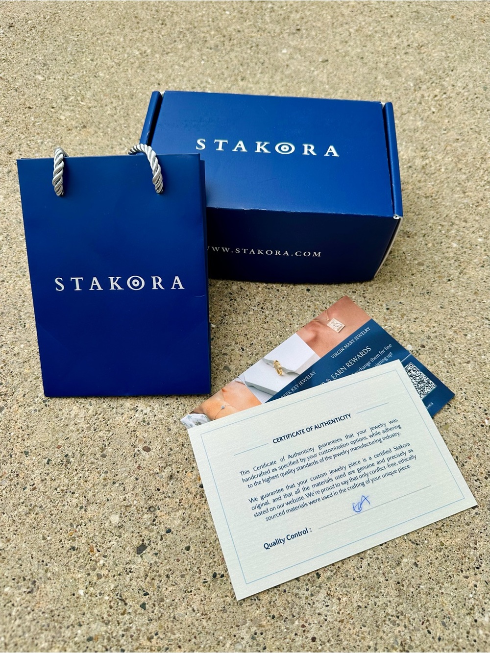 Empty STAKORA Jewelry Gift Box, Bag, Authenticity Statement—in Deep Blue